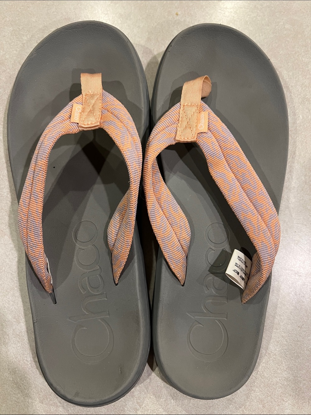 Chaco Gray Footbed Flip Flops with Peach-Striped Straps